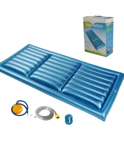 Blue hospital water mattress with accessories for patient care