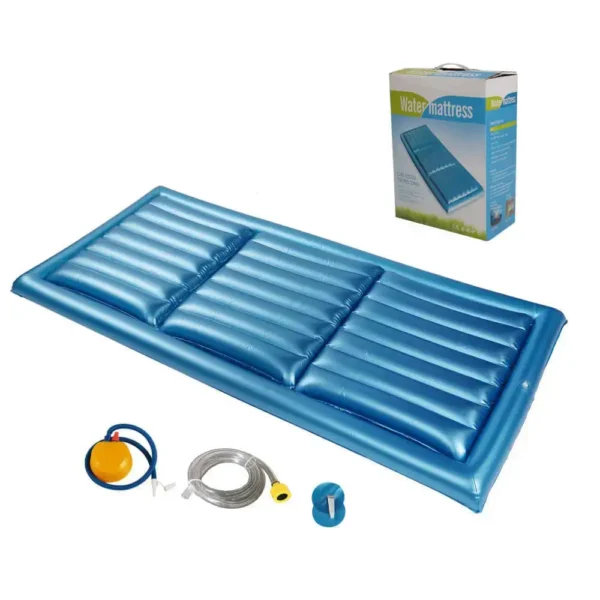 Blue hospital water mattress with accessories for patient care