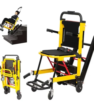 Motorized stair climbing evacuation chair with yellow frame and foldable design.