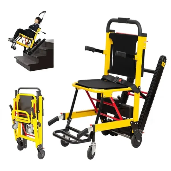 Motorized stair climbing evacuation chair with yellow frame and foldable design.