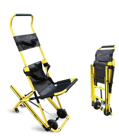 Foldable stair climbing evacuation chair with yellow frame and safety straps.