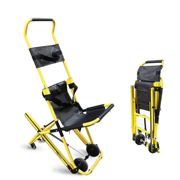 Foldable stair climbing evacuation chair with yellow frame and safety straps.