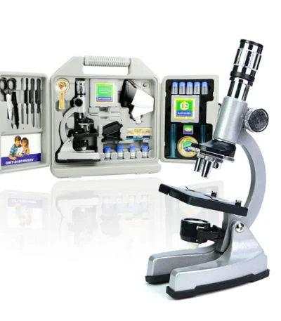 Digital biological microscope kit with slides, tools, and accessories in a portable case.