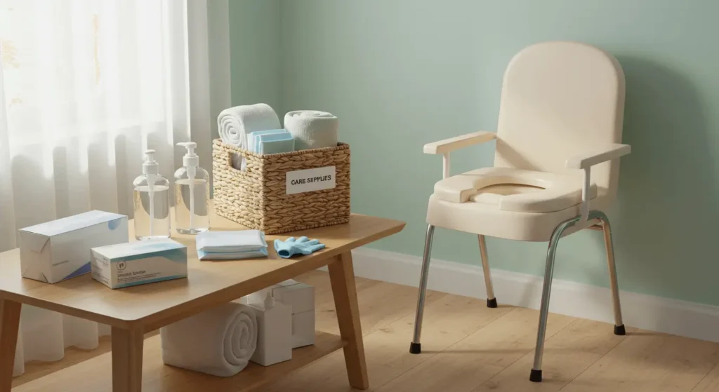 Portable bedside commode chair with armrests in a tidy homecare room, care supplies basket and hygiene items on table, Kenya