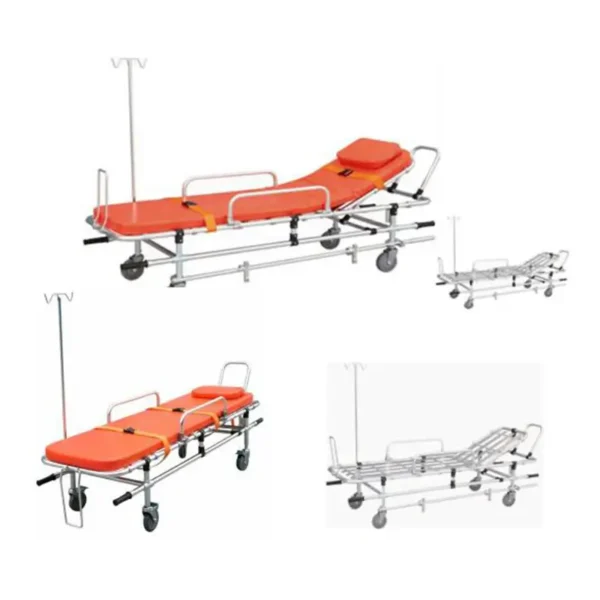 Aluminum alloy folding ambulance stretcher with wheels and safety straps.
