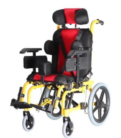 Blue rehabilitation wheelchair for cerebral palsy patients with foldable design.