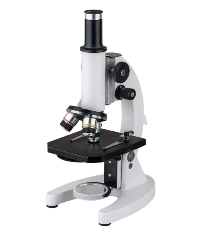 Monocular biological microscope with adjustable stage and multiple objective lenses.