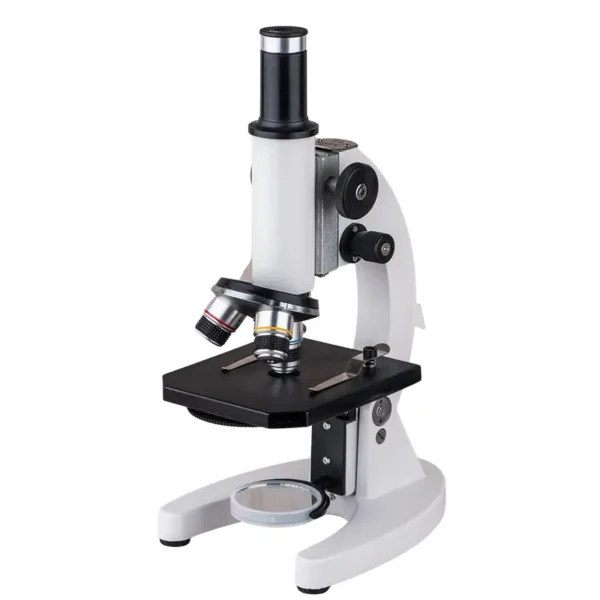 Monocular biological microscope with adjustable stage and multiple objective lenses.