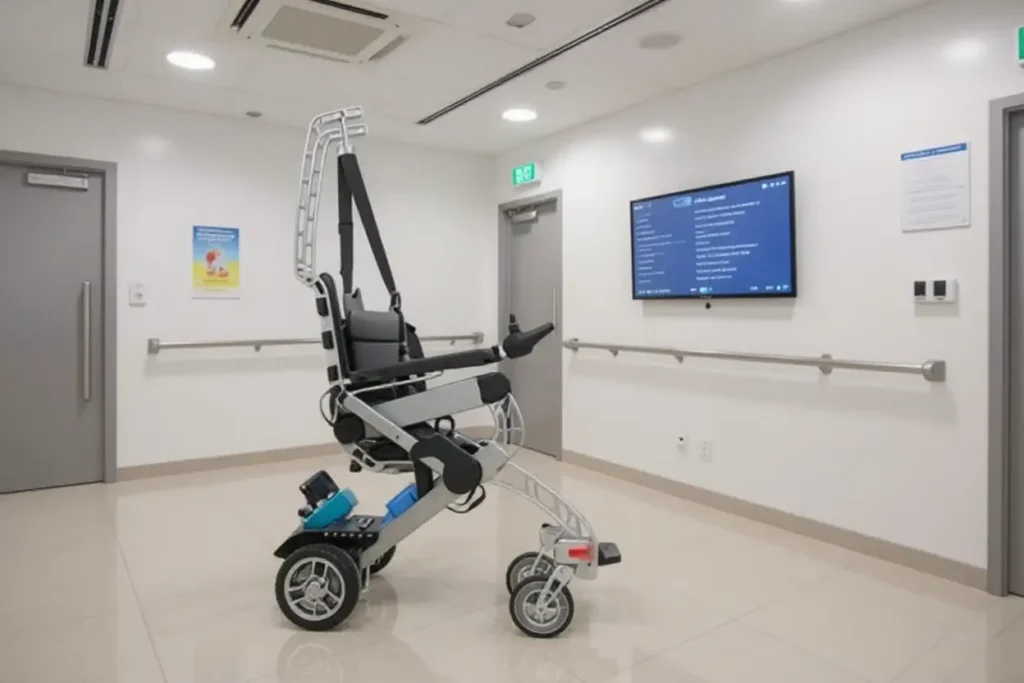 High-tech stair climbing wheelchair with harness in hospital corridor.