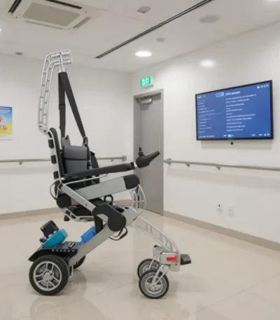 High-tech stair climbing wheelchair with harness in hospital corridor.