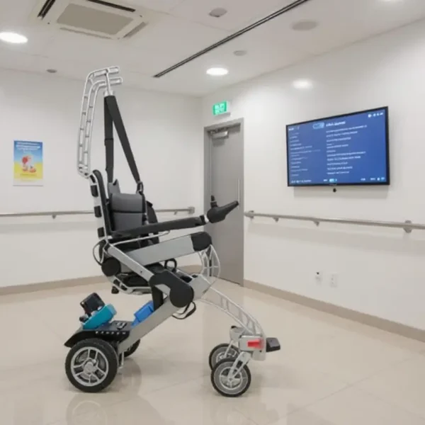 High-tech stair climbing wheelchair with harness in hospital corridor.