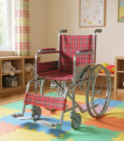 Children’s wheelchair with red plaid fabric in a colorful playroom.