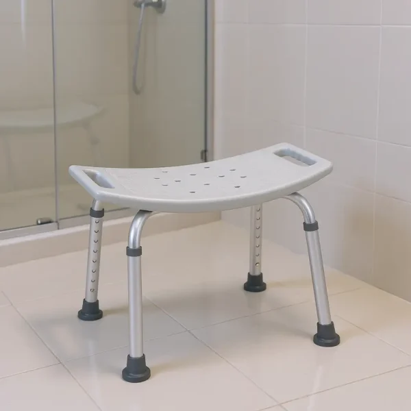 Adjustable shower chair with handles and non-slip legs for bathroom safety.