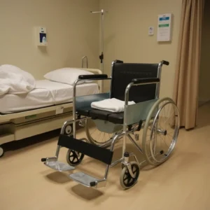Hospital commode wheelchair with black seat beside a patient bed.
