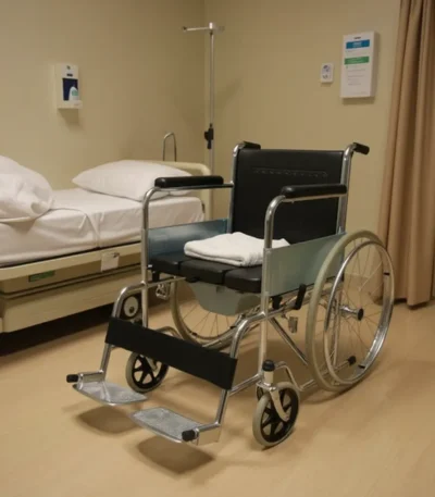 Hospital commode wheelchair with black seat beside a patient bed.