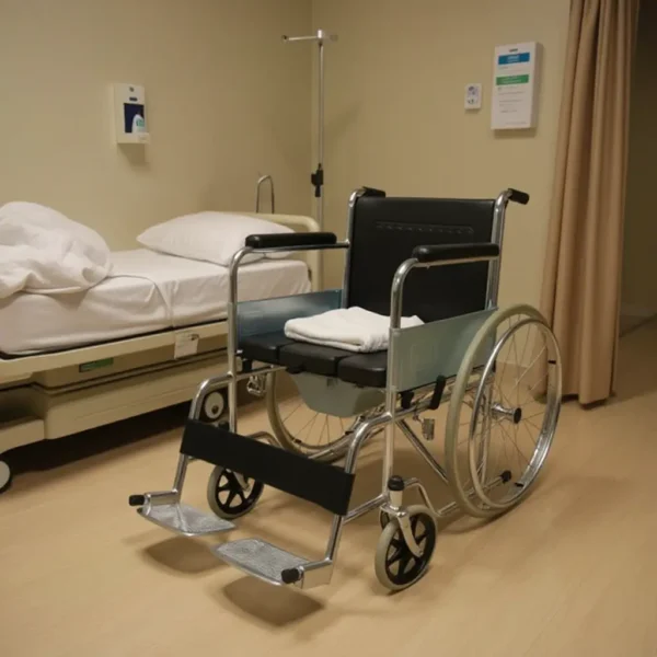 Hospital commode wheelchair with black seat beside a patient bed.