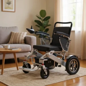 Lightweight foldable electric wheelchair with joystick in a modern living room.