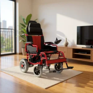Red and black electric wheelchair with joystick in modern living room.