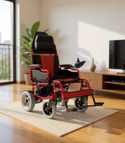 Red and black electric wheelchair with joystick in modern living room.