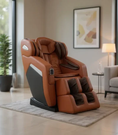 Luxury brown massage chair with black accents in a modern living room.