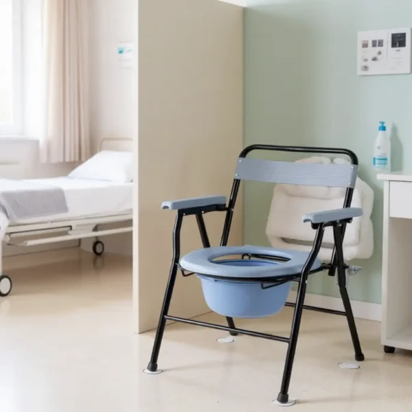 Portable commode chair with blue seat in hospital room.
