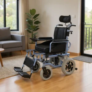 Blue frame electric wheelchair with black seat in modern living room.