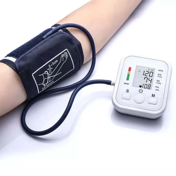 Digital upper arm blood pressure monitor with cuff showing readings on LCD screen.
