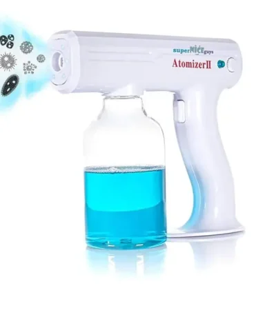 Portable disinfectant atomizer spray gun with blue liquid