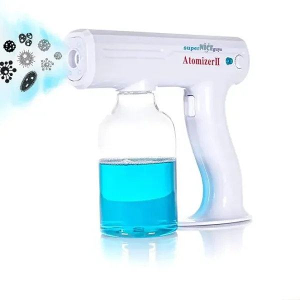Portable disinfectant atomizer spray gun with blue liquid