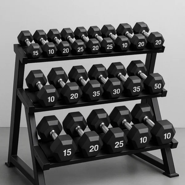 Hex Dumbbell Set with 3-Tier Rack – Complete Gym Weight Set