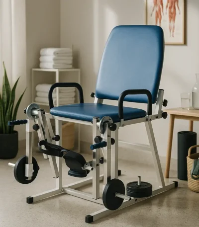 Quadriceps exercise chair with backrest in clinic, adjustable leg weights and straps for knee rehab physiotherapy