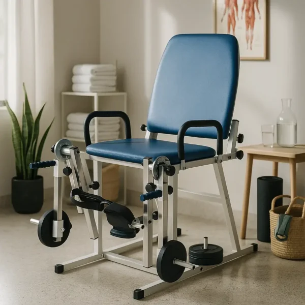 Quadriceps exercise chair with backrest in clinic, adjustable leg weights and straps for knee rehab physiotherapy