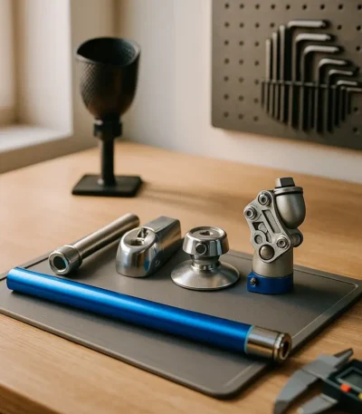 Above-knee four-bar prosthetic kit with knee joint, pyramid adapter, pylon tube and hardware